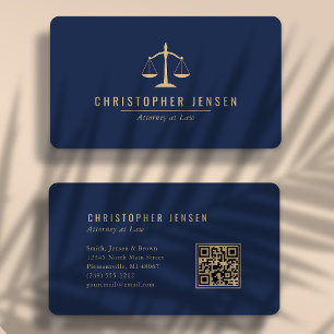 Attorney QR Code Navy Blue Gold Scales Rounded Business Card