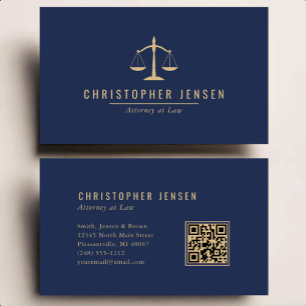 Attorney QR Code Navy Blue Gold Scales Simple Business Card