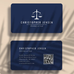 Attorney QR Code Navy Blue White Scales Rounded Business Card