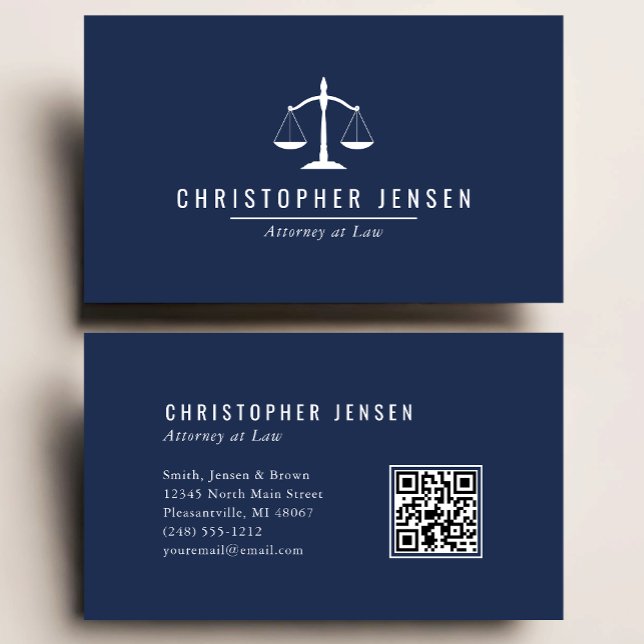 Attorney QR Code Navy Blue White Scales Simple Business Card (Creator Uploaded)