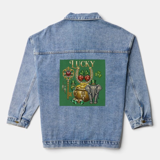 Attracting good luck golden charms and cherry denim jacket (Back)