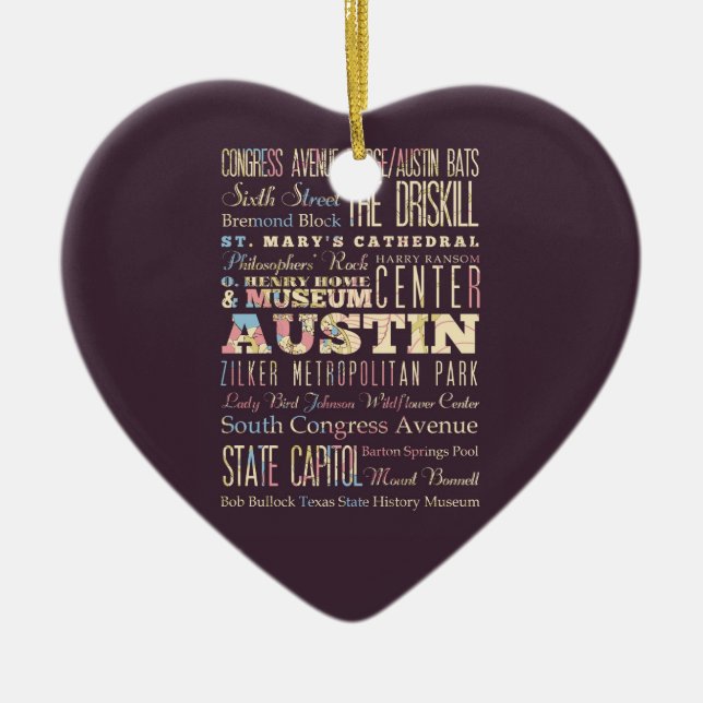 Attractions & Famous Places of Austin, Texas. Ceramic Tree Decoration (Front)