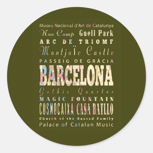 Attractions & Famous Places of Barcelona, Spain. Classic Round Sticker (Front)
