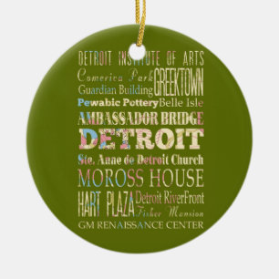 Attractions & Famous Places of Detroit, Michigan. Ceramic Tree Decoration