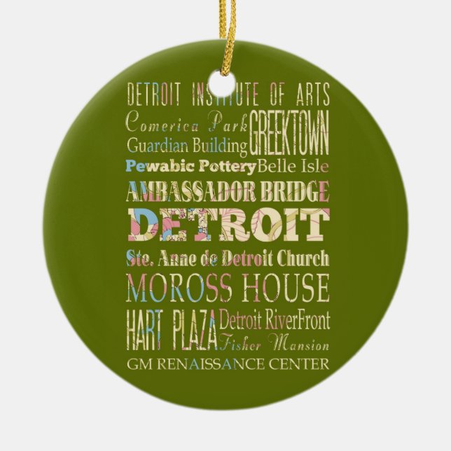 Attractions & Famous Places of Detroit, Michigan. Ceramic Tree Decoration (Front)