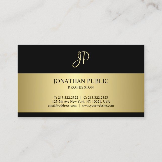 Attractive Black And Gold Monogram Plain Modern Business Card (Front)