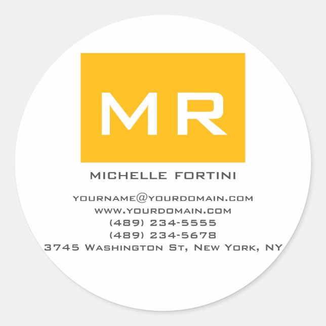 Attractive Modern Yellow White Monoggrammed Name Classic Round Sticker (Front)
