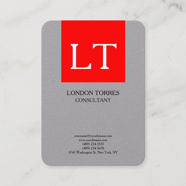 Attractive Monogram Grey Red White Plain Business Card (Front)