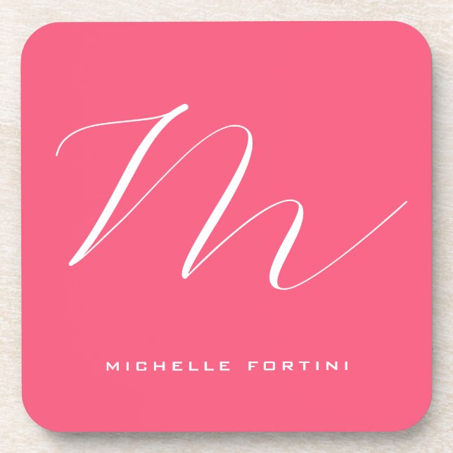Attractive Monogram Pink White Modern Plain Coaster (Front)