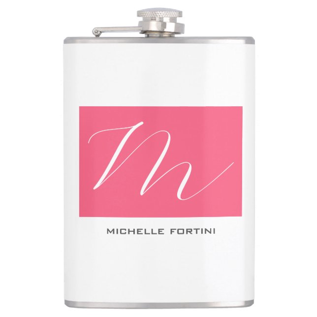 Attractive Monogram Pink White Modern Plain Hip Flask (Front)