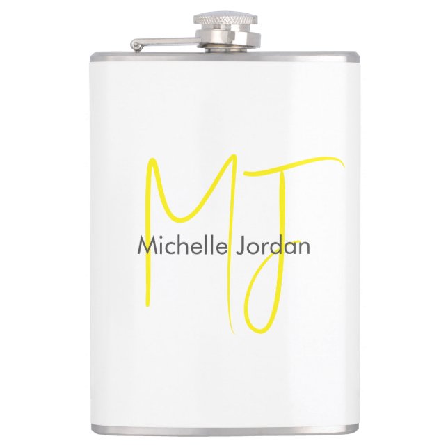Attractive Monogram Yellow White Modern Minimalist Hip Flask (Front)