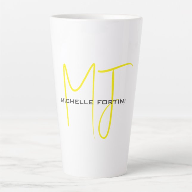 Attractive Monogram Yellow White Modern Minimalist Latte Mug (Front)
