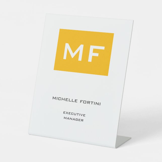 Attractive Monogram Yellow White Modern Minimalist Pedestal Sign (Front)