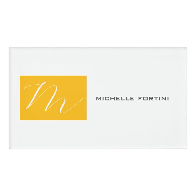 Attractive Monogram Yellow White Modern Plain Name Tag (Front)