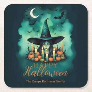 Attractive & Mystical Halloween Witch Conjures Square Paper Coaster