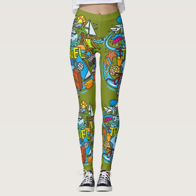 Attractive travel cartoon artwork olive green leggings (Front)