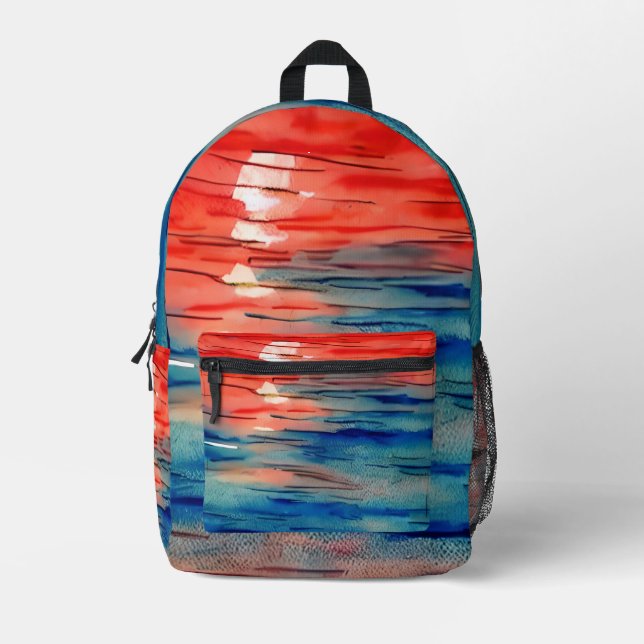 Attractive unique colours Hand painted red ocean Printed Backpack (Front)