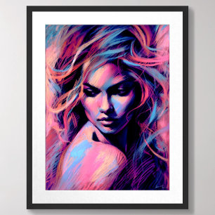 Attractive Woman Pink Blue Hard Pastel Drawing Poster