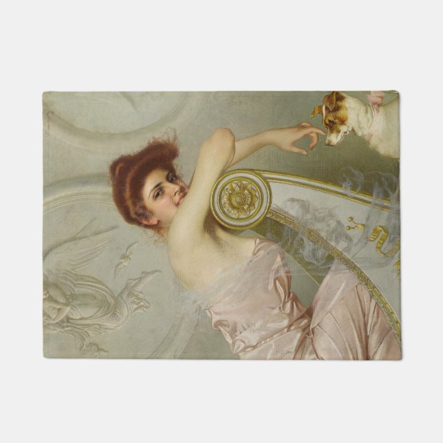 Attractive Young Lady Stroking Her Puppy Dog Doormat (Front)