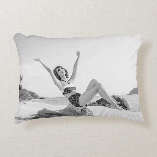Attractive young woman in bikini on the beachvinta decorative cushion (Front)