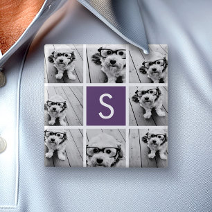 Aubergine and White Photo Collage Custom Monogram 15 Cm Square Badge