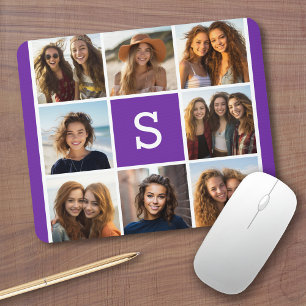 Aubergine and White Photo Collage Custom Monogram Mouse Pad
