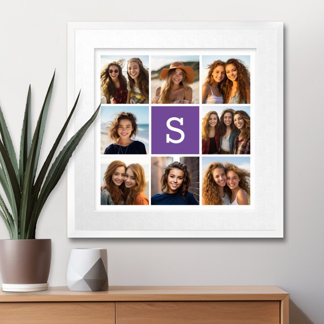 Aubergine and White Photo Collage Custom Monogram Poster (Personalized Wall Art with a Photo Collage and Monogram)