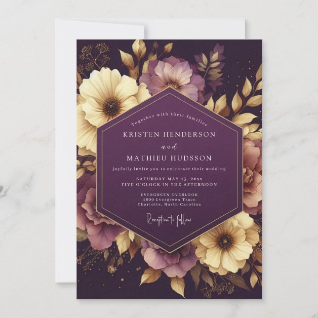 Aubergine Baroque Bloom Wedding Invitation (Front)