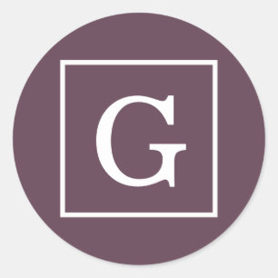 Aubergine Eggplant White Framed Initial Monogram Classic Round Sticker