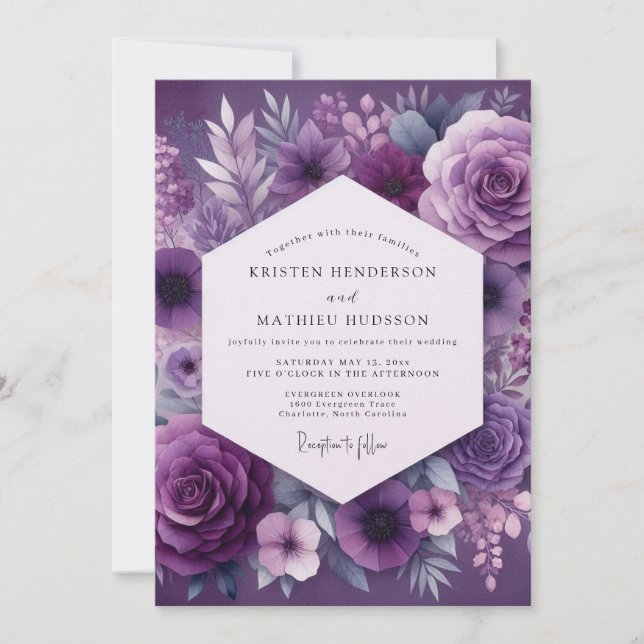 Aubergine Lush Botanical Wedding Invitation (Front)