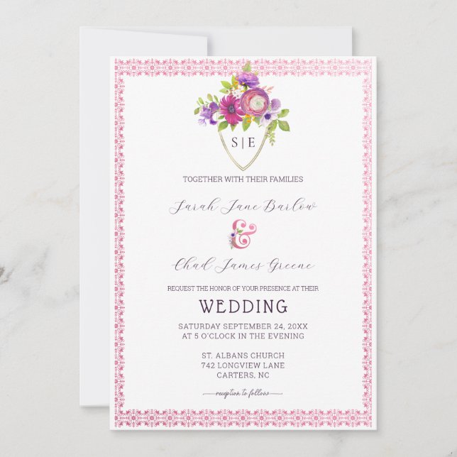 Aubergine Mulberry Crest Wedding Invitation (Front)