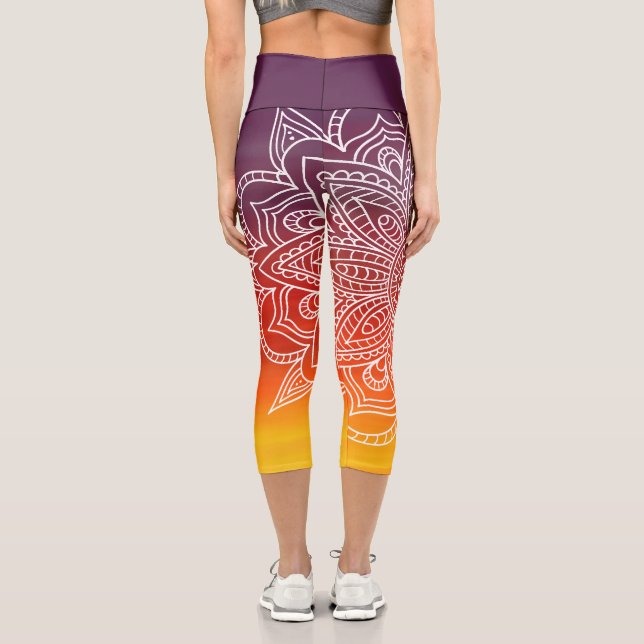 Aubergine Orange and White Mandala Yoga Capri  Leggings (Back)