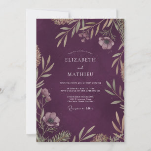 Aubergine Painted Leaf Wedding Invitation
