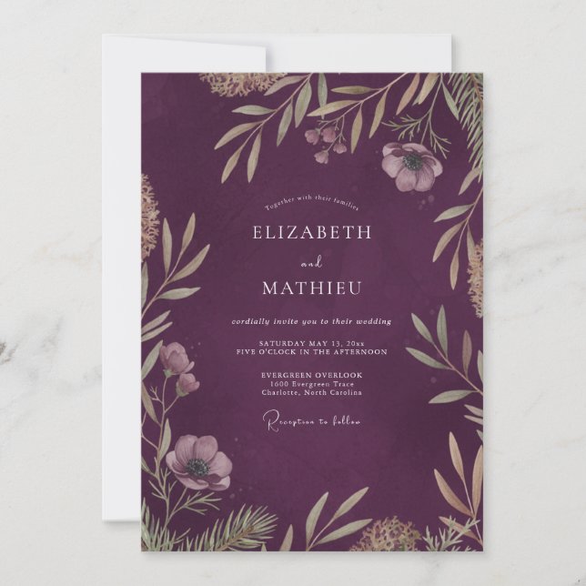 Aubergine Painted Leaf Wedding Invitation (Front)