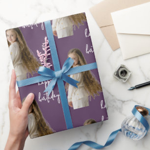 Aubergine Plum & Custom Birthday text and photo - Wrapping Paper