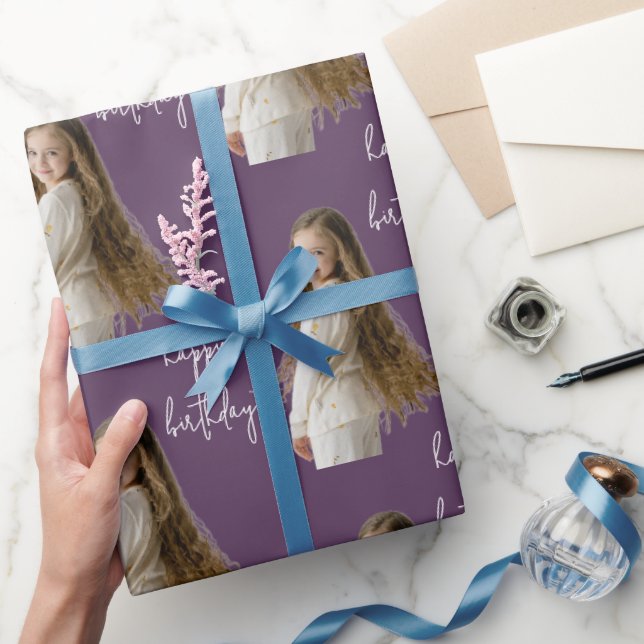Aubergine Plum & Custom Birthday text and photo - Wrapping Paper (Gifting)