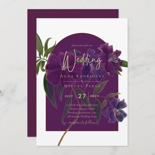 Aubergine Plum Purple Floral Forest Green Wedding Invitation (Front/Back)