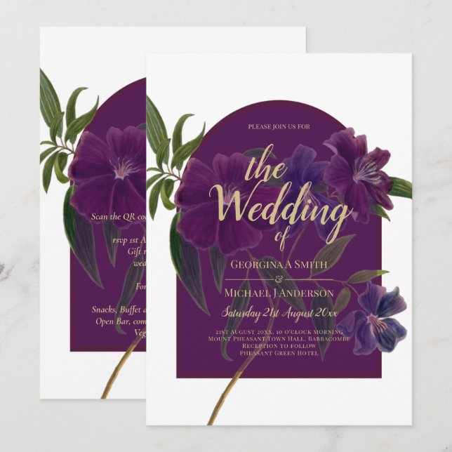 Aubergine Plum Purple Floral Forest Green Wedding Invitation (Front/Back)