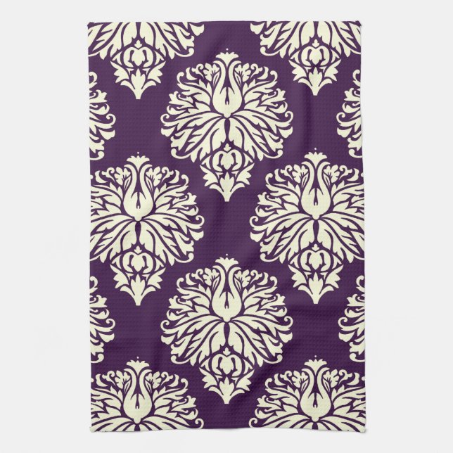 Aubergine Southern Cottage Damask Tea Towel (Vertical)