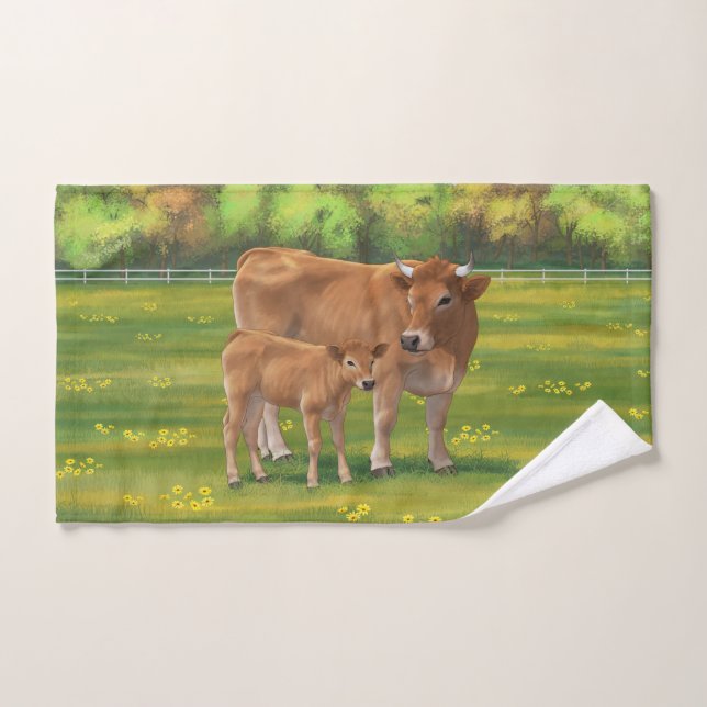 Aubrac Cow & Cute Calf in Spring Pasture Bath Towel Set (Hand Towel)