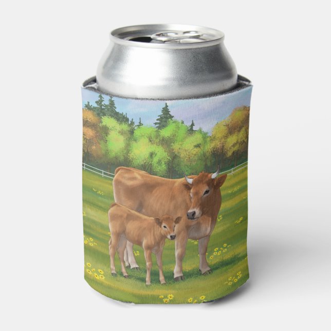 Aubrac Cow & Cute Calf in Spring Pasture Can Cooler (Can Front)