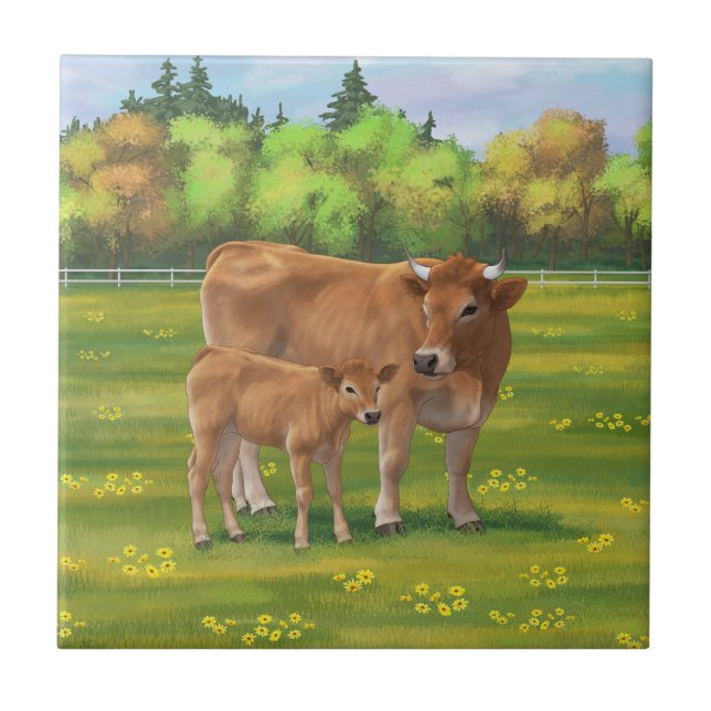 Aubrac Cow & Cute Calf in Spring Pasture Tile (Front)