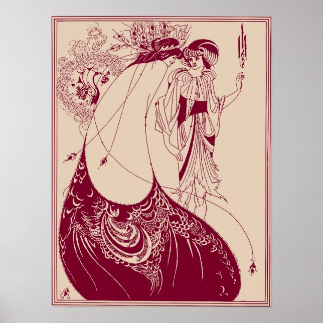 Aubrey Beardsley Peacock Skirt Maroon Poster (Front)