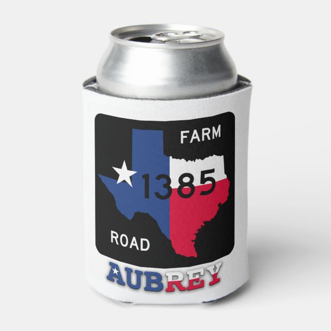 Aubrey, TX, fm 1385 rd & Texas Longhorn Can Cooler (Can Front)
