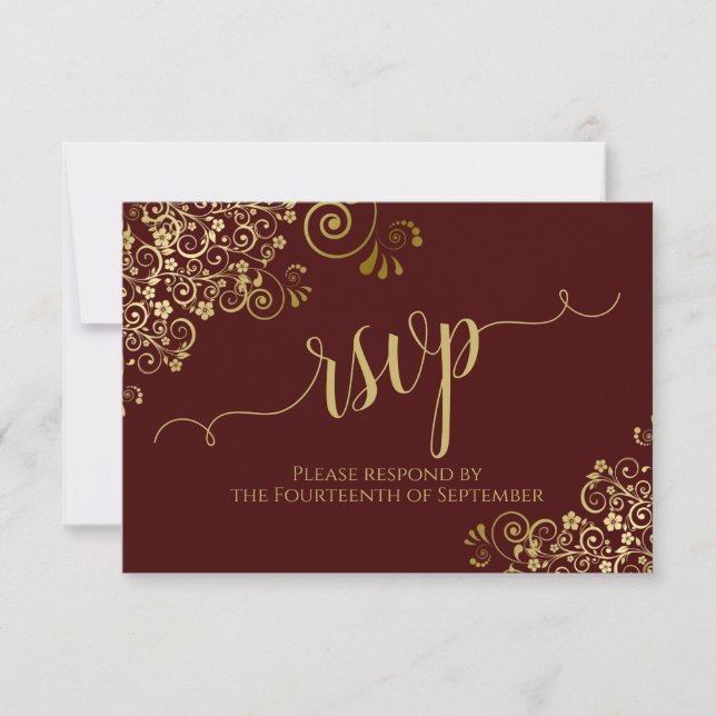 Auburn Brown & Gold Lace Calligraphy Wedding RSVP Card (Front)