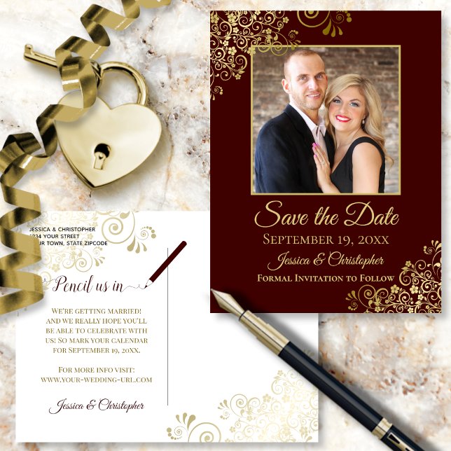 Auburn Brown & Gold Photo Save the Date Wedding Announcement Postcard (Front and Back)