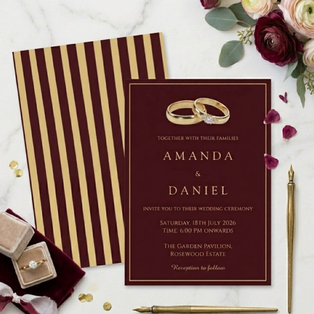 Auburn Brown & Gold Ring Diamond Stripes Wedding Invitation (Creator Uploaded)