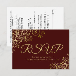 Auburn Brown with Elegant Gold Lace Wedding RSVP Card