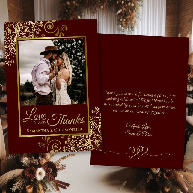 Auburn & Gold Love & Thanks Photo & Note Wedding Thank You Card (Front/Back)