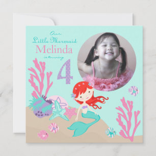 Auburn Mermaid Fourth Birthday Invitation
